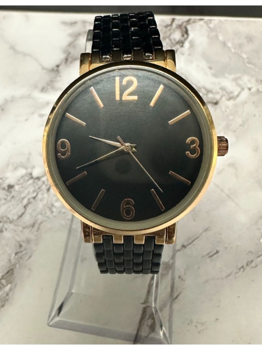 3/$30 Accutime Watch Women Rose Gold Tone Black Matte Band New Battery 7.25"